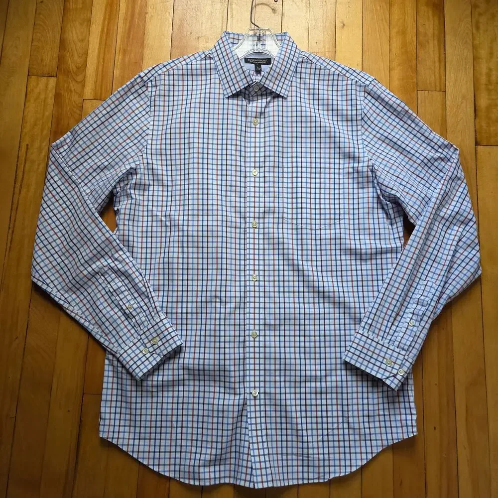 Banana Republic Men’s Non‑Iron Plaid Shirt Tall L Blue Brown Cotton Classic Fit